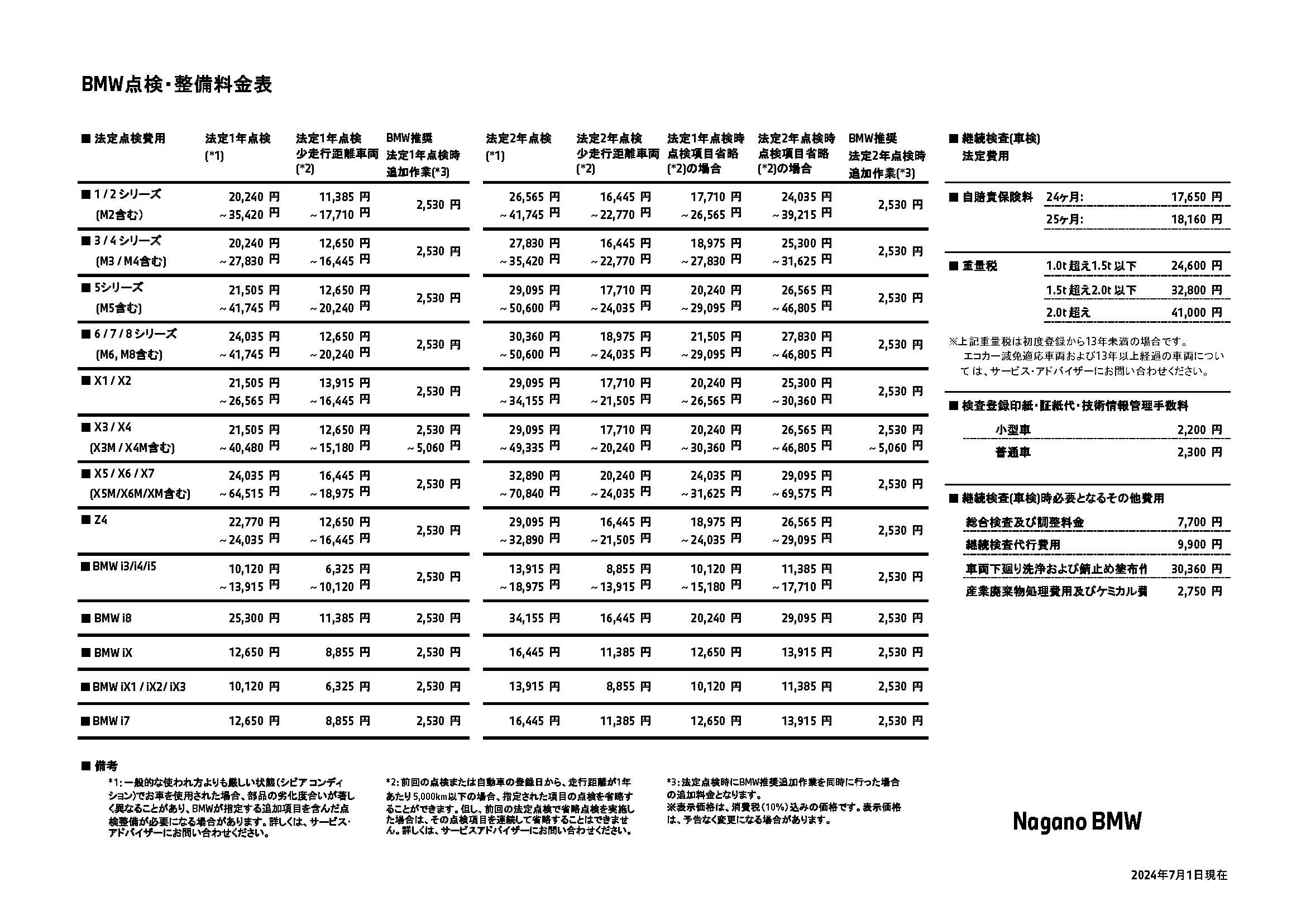 点検整備料金表