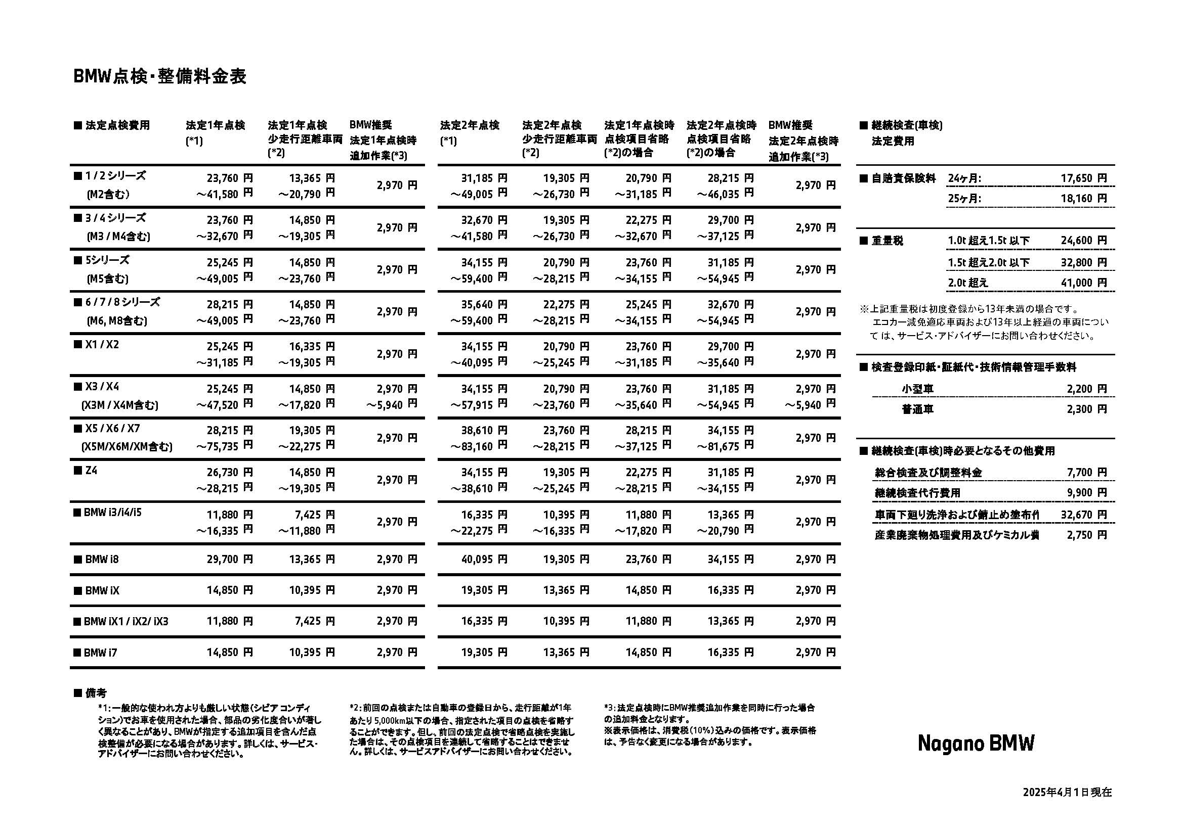点検整備料金表